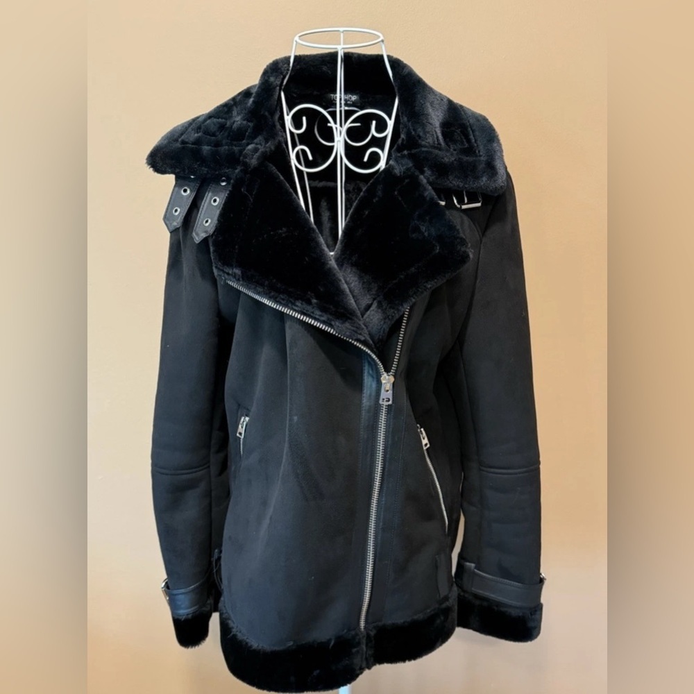 Topshop Moto Aviator Jacket Faux Suede Shearling Collar Asymmetrical Zip Black